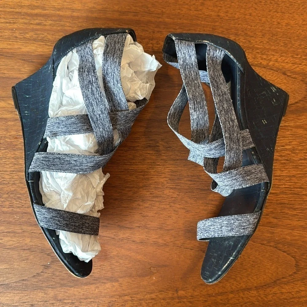 Manolo Blahnik “Glassa” Crisscross Denim Wedge Sandals in Blue, Size 10